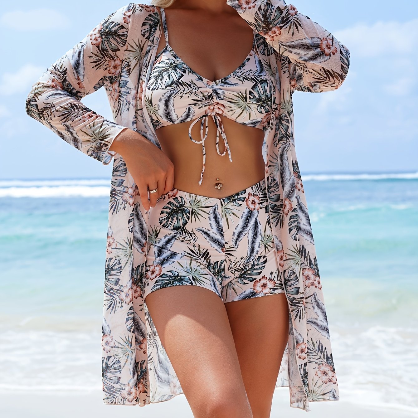 Women's Bikini Three - Piece Swimsuit with Boxer Shorts, New Split Cover - Up, Bowknot Fashion Beachwear - Kenner House Emporium