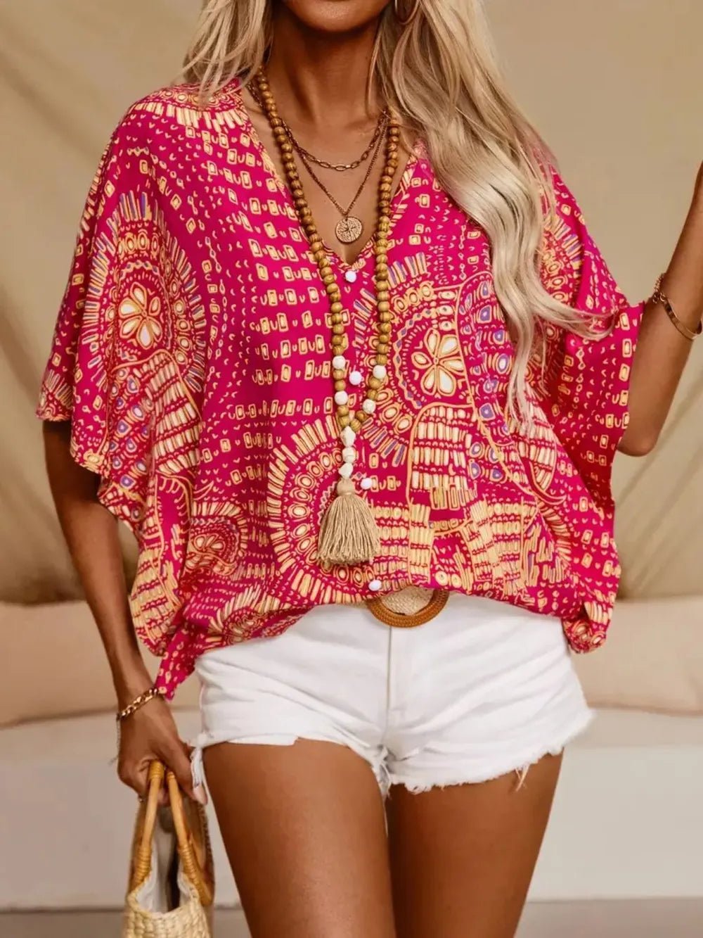 Printed V - Neck Half Sleeve Top - Kenner House Emporium