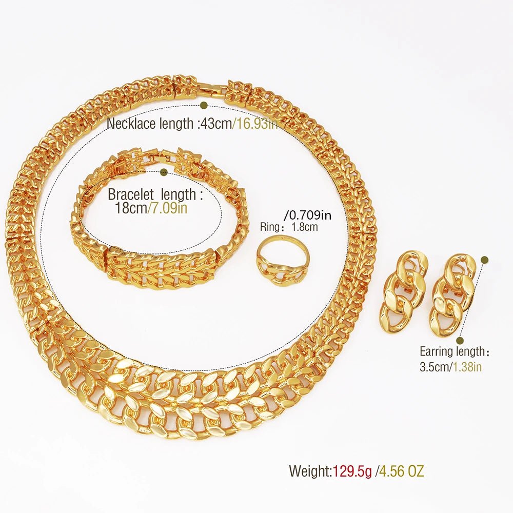 Luxury Dubai Nigeria Gold Color Women Jewelry Set Classic Design 18K Gold Plated Cuban Chain Earring Necklace Ring Bracelet Part - Kenner House Emporium