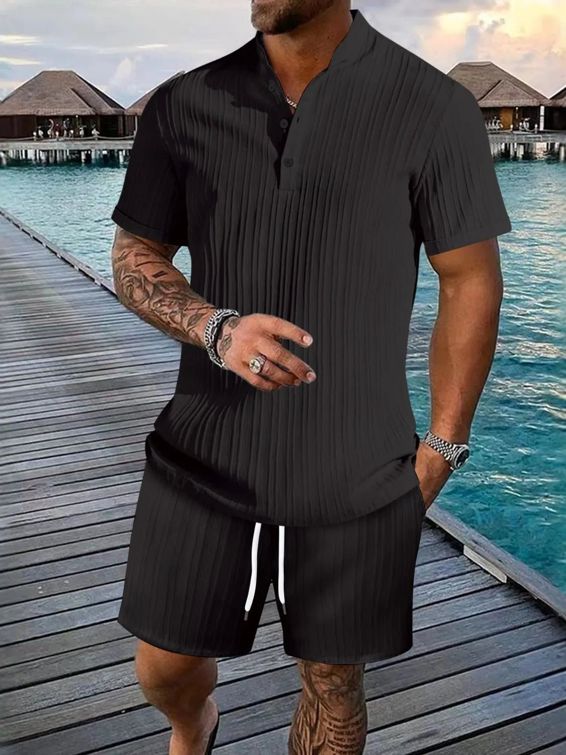 Men's Full Size Button Detail Short Sleeve Top and Shorts Set Plus Size - Kenner House Emporium