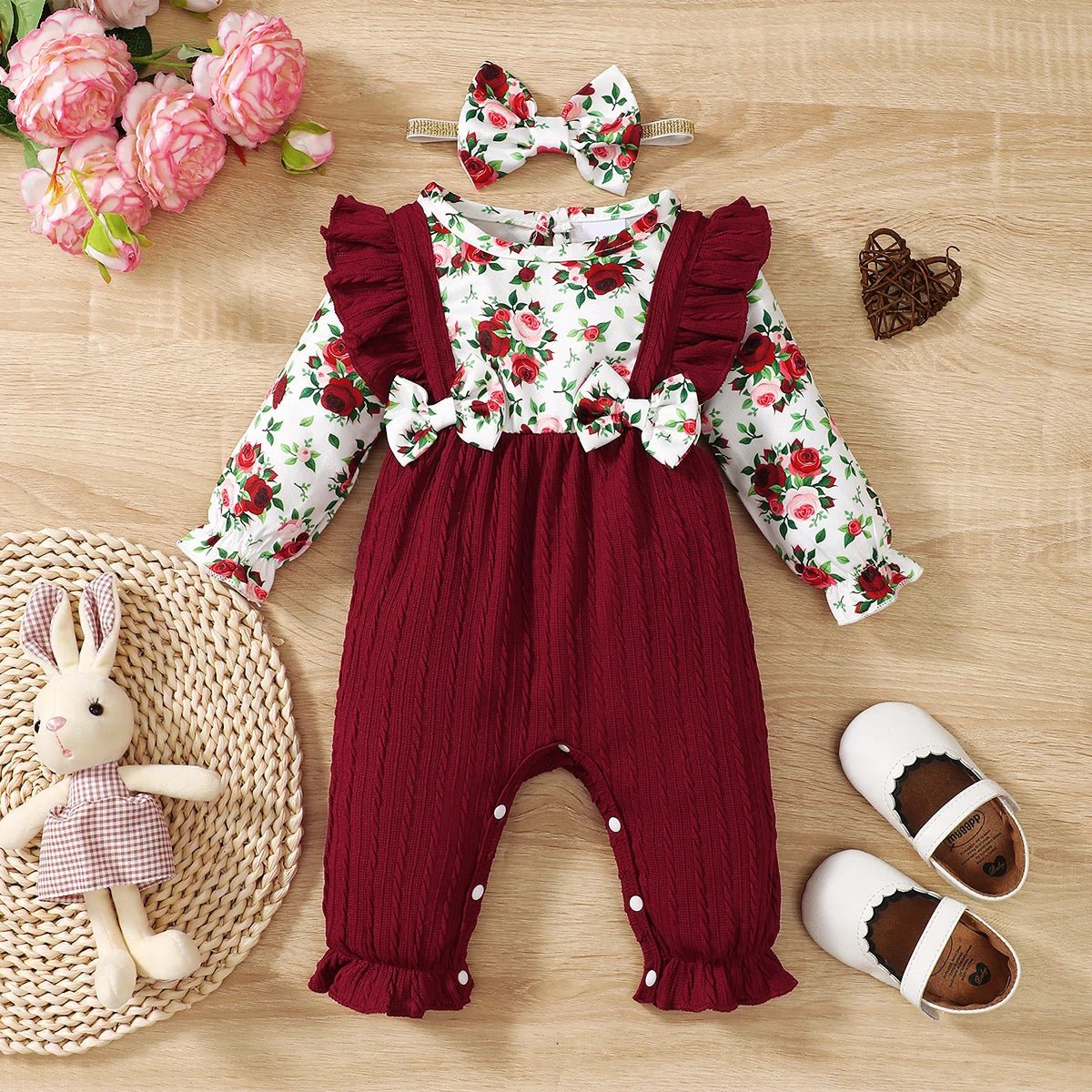 0 - 18 Months Newborn Baby Girl Romper Cute Floral Long Sleeve with Bow Bodysuit+Headband Infant Girl Spring&Autumn Jumpsuit - Kenner House Emporium
