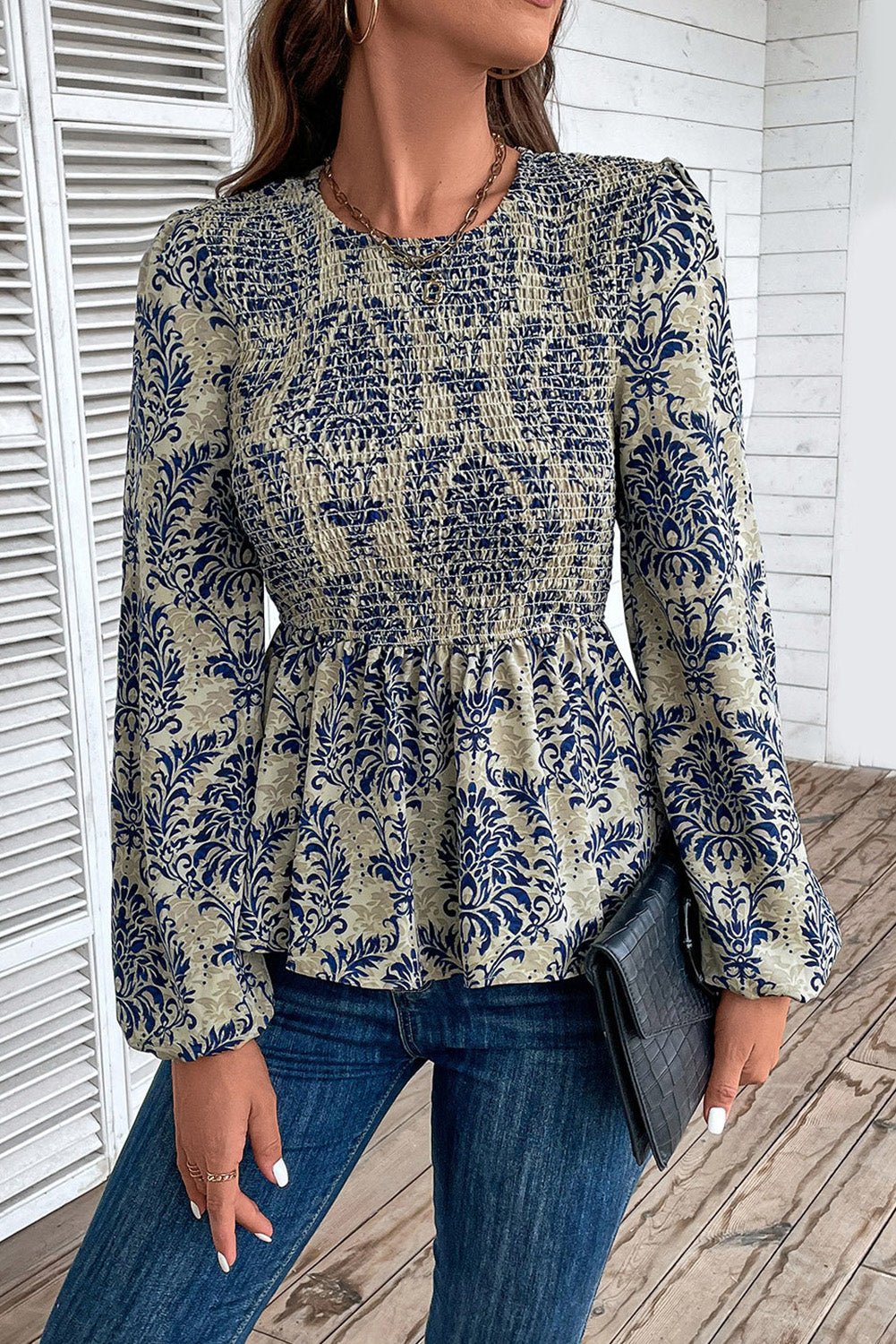 Sky Blue Ethnic Print Balloon Sleeve Smocked Peplum Blouse - Kenner House Emporium