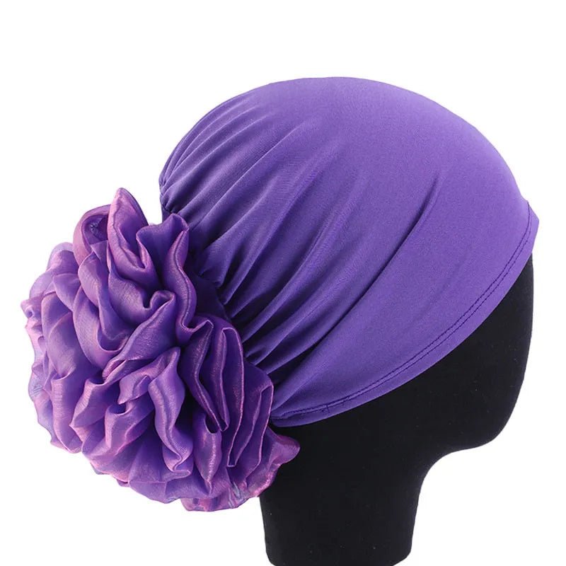 Women's Chiffon Headscarf With Flower Decoration,Monochromatic Elastic Breathable Head Wrap Suitable For Spring,Summer,Autumn - Kenner House Emporium