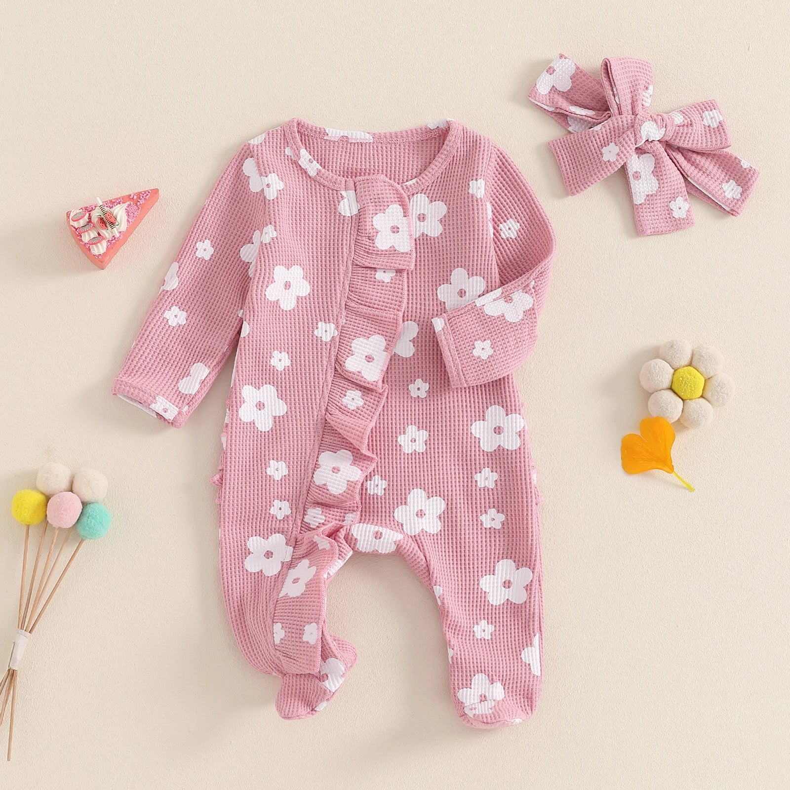 Toddler Baby Girls Floral Footies Jumpsuit and Headband Children Cotton Long Sleeve Frills Zipped Autumn Spring Kids Clothes - Kenner House Emporium