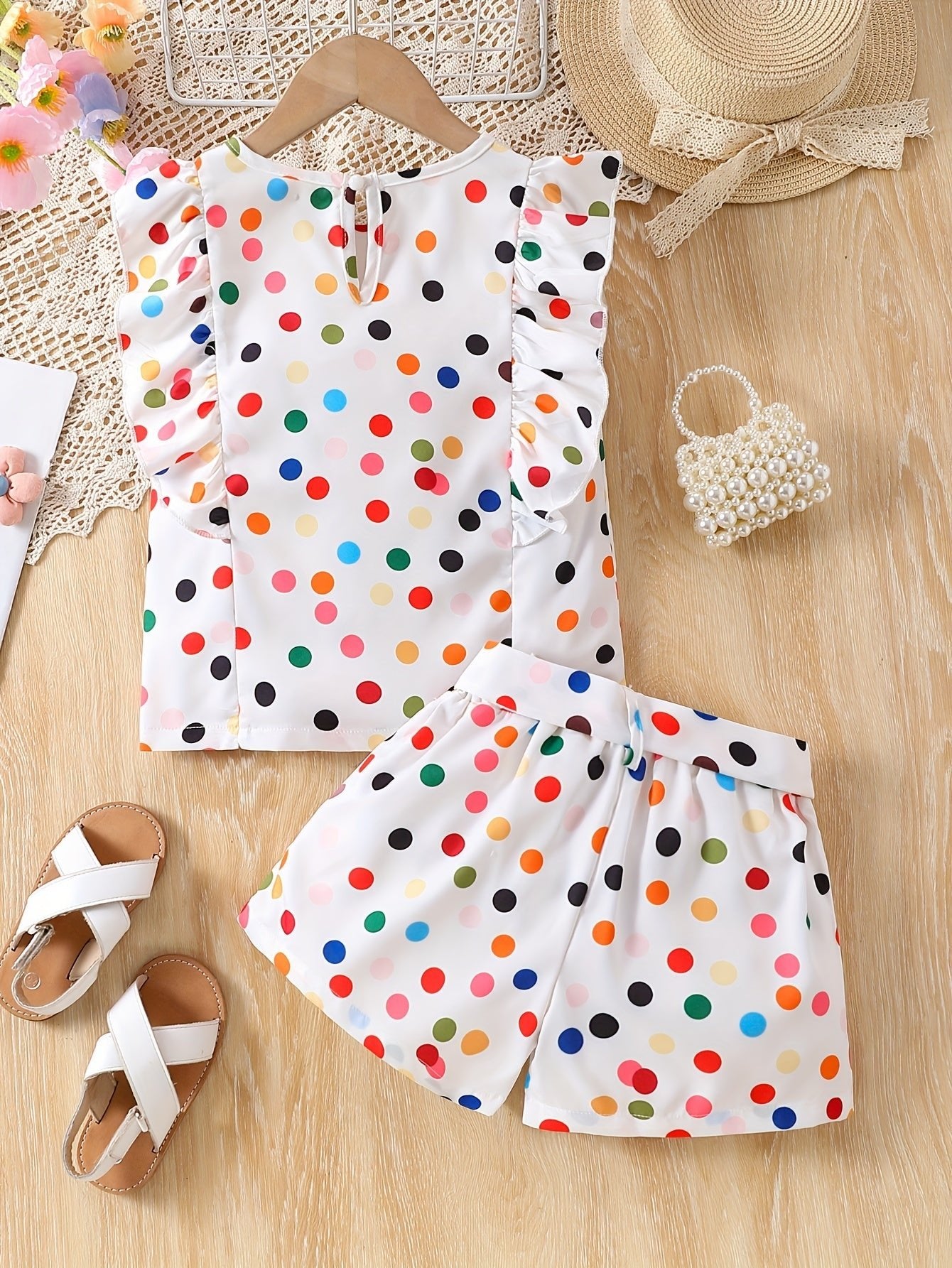 2pcs Dreamy Polka Dot Print Sleeveless Top + Shorts Set with Ruffle Trim and Bow Belt for Girls Summer Outfits - Kenner House Emporium