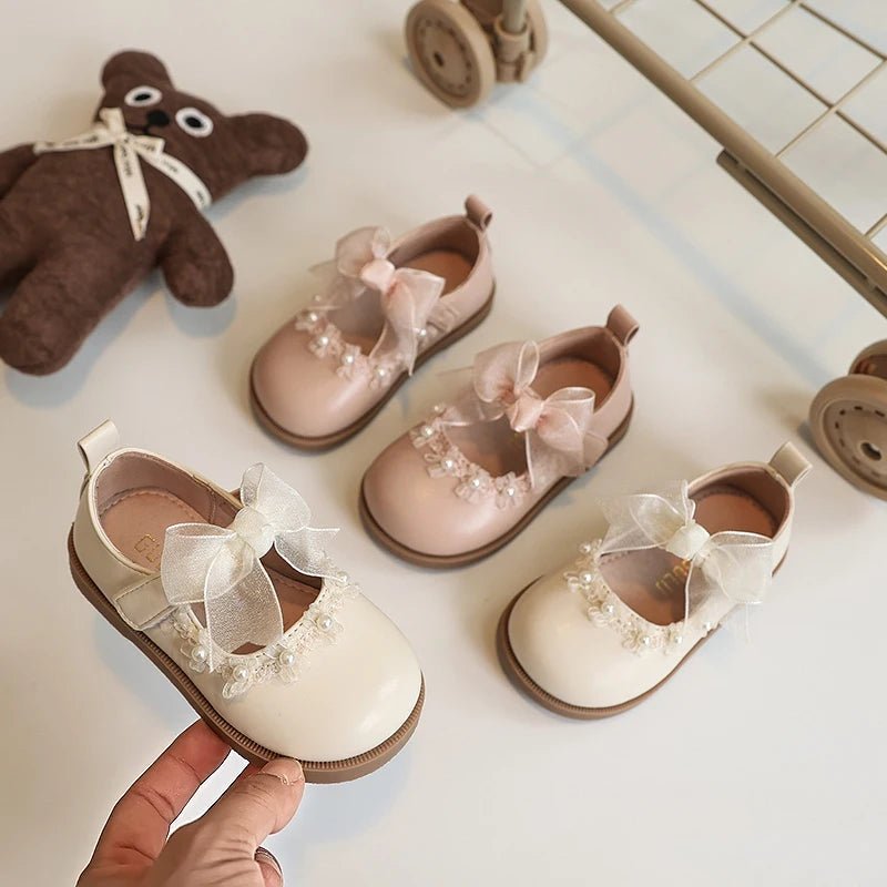 Baby Girls Leather Shoes for Wedding Party Princess Kids Flat Mary Janes Lace Bowtie with Beading 2025 Spring Children Flats New - Kenner House Emporium
