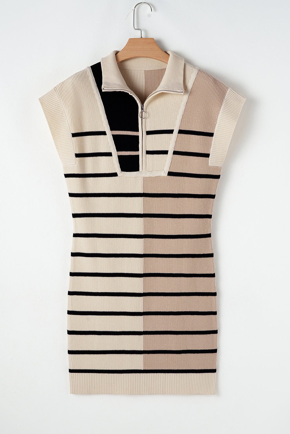 Khaki Stripe Color Block Short Sleeve Quarter Zip Mini Dress - Kenner House Emporium