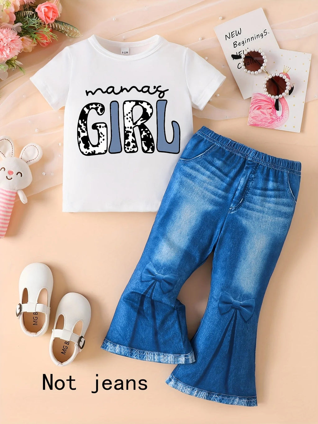 Toddler girl's spring and autumn short - sleeve top with letter patterns and imitation jeans set, suitable for outdoor activities - Kenner House Emporium