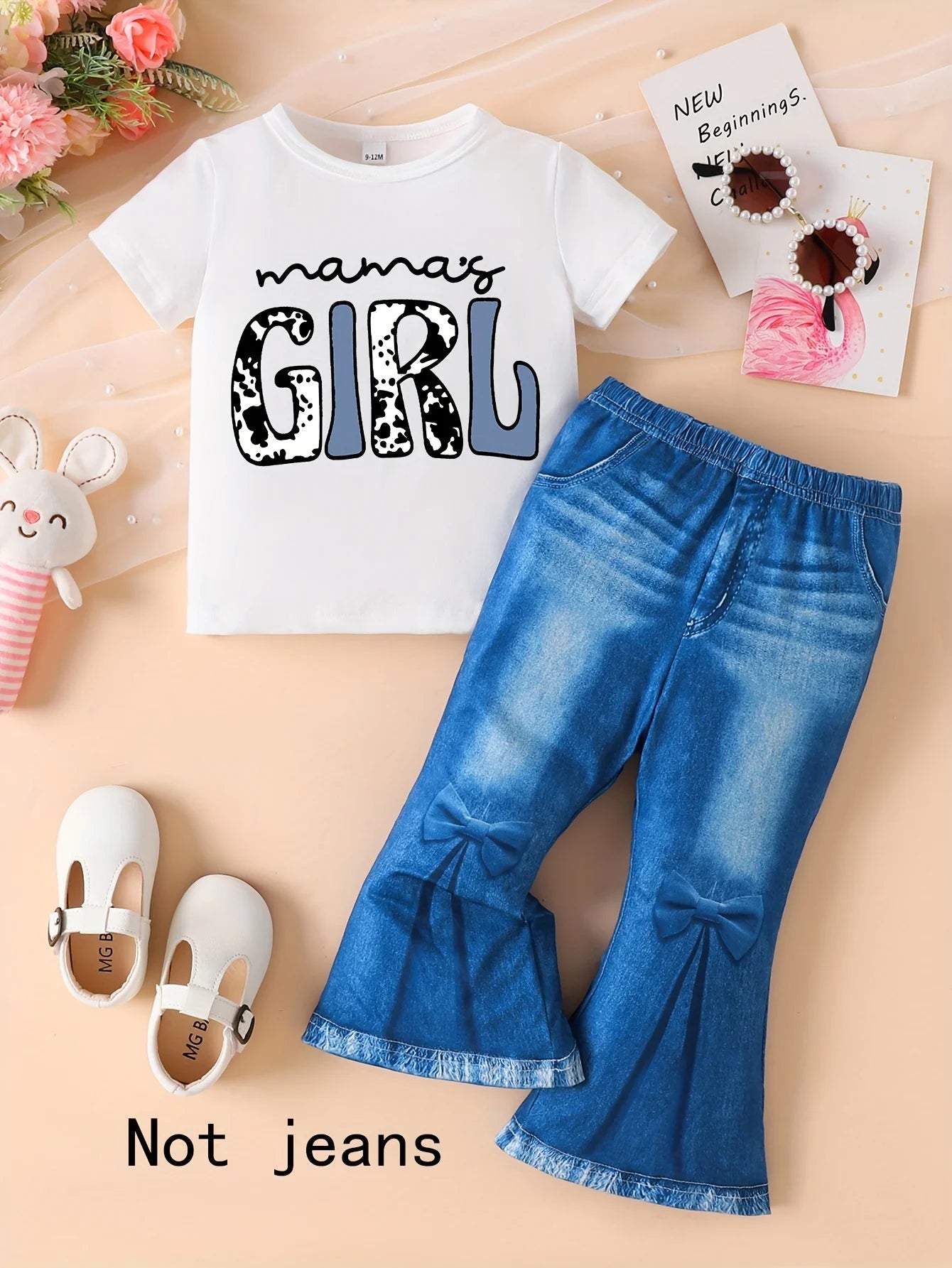 Toddler girl's spring and autumn short - sleeve top with letter patterns and imitation jeans set, suitable for outdoor activities - Kenner House Emporium