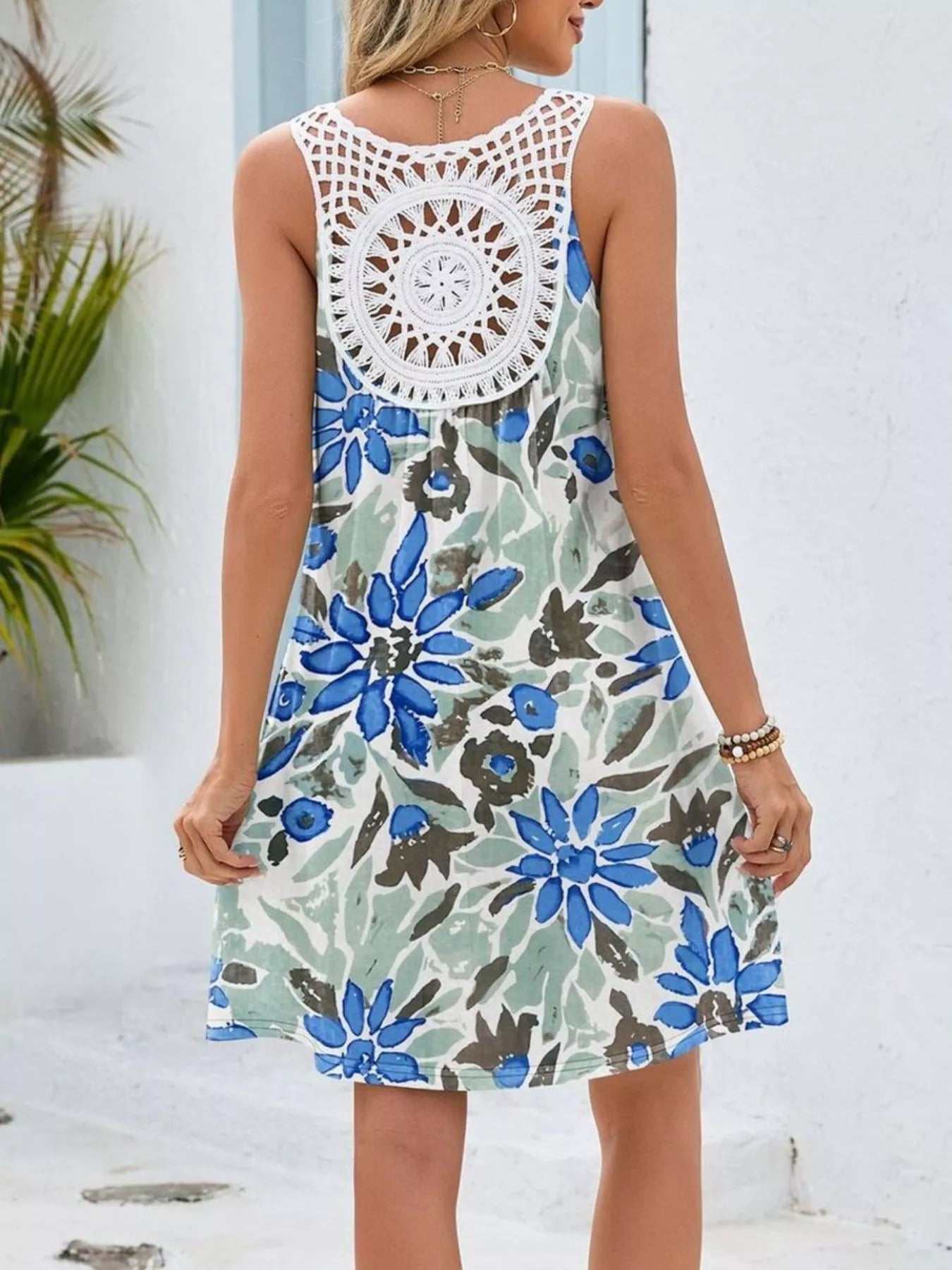 Floral Print V - Neck Crochet Back Mini Dress - Kenner House Emporium