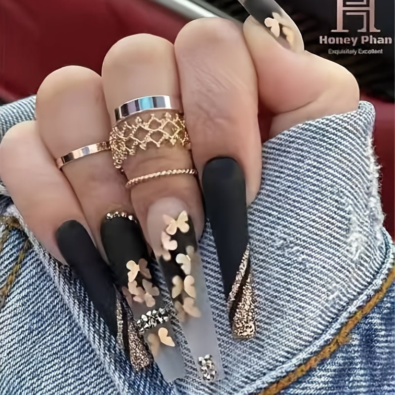 [24pcs Press - On Nails] Lirches 24pcs Press - On Nails, Hot Golden Butterfly Fake Nails, Pre - made Matte Golden Glitter Wearable Nail Tips, Light Luxury Rhinestone Style, Instagram - Inspired Manicure Nail Stickers, Includes Jelly - Kenner House Emporium