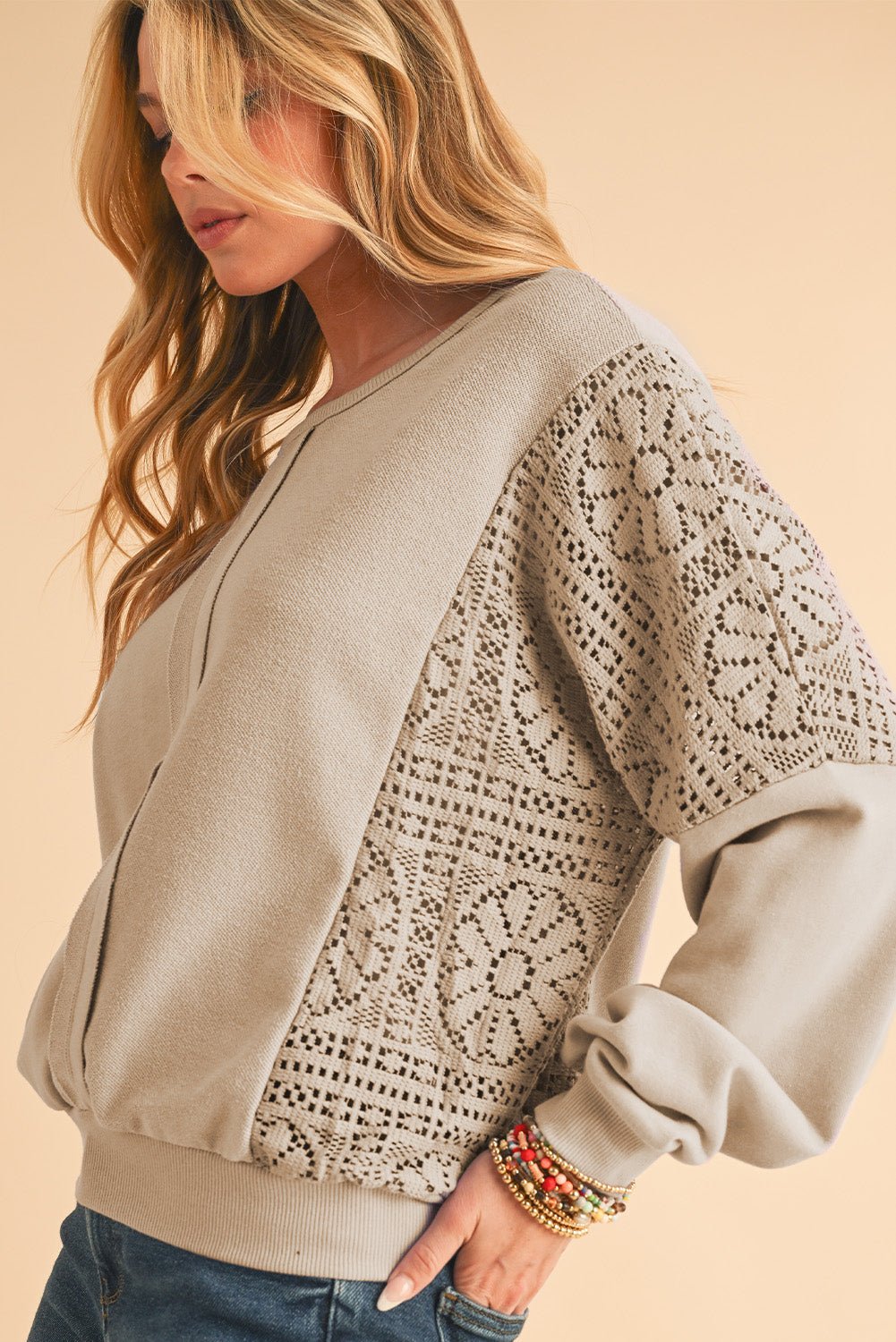 Parchment Crochet Patchwork Exposed Seam Ribbed Trim Sweatshirt - Kenner House Emporium