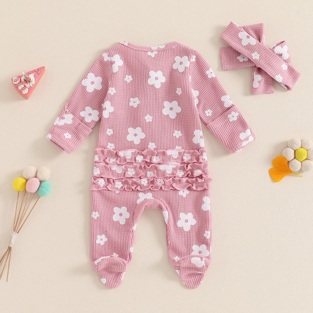 Toddler Baby Girls Floral Footies Jumpsuit and Headband Children Cotton Long Sleeve Frills Zipped Autumn Spring Kids Clothes - Kenner House Emporium