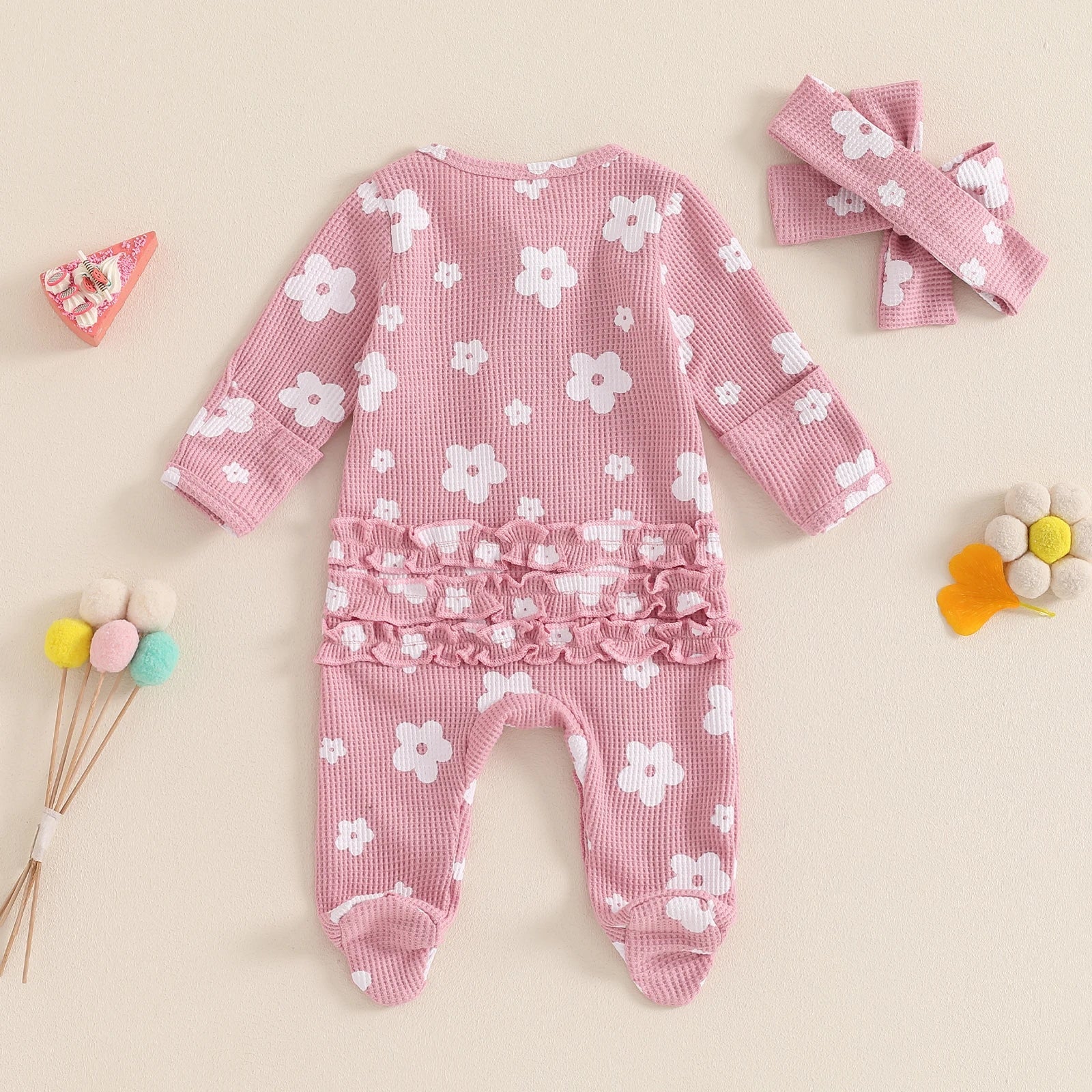 Toddler Baby Girls Floral Footies Jumpsuit and Headband Children Cotton Long Sleeve Frills Zipped Autumn Spring Kids Clothes - Kenner House Emporium