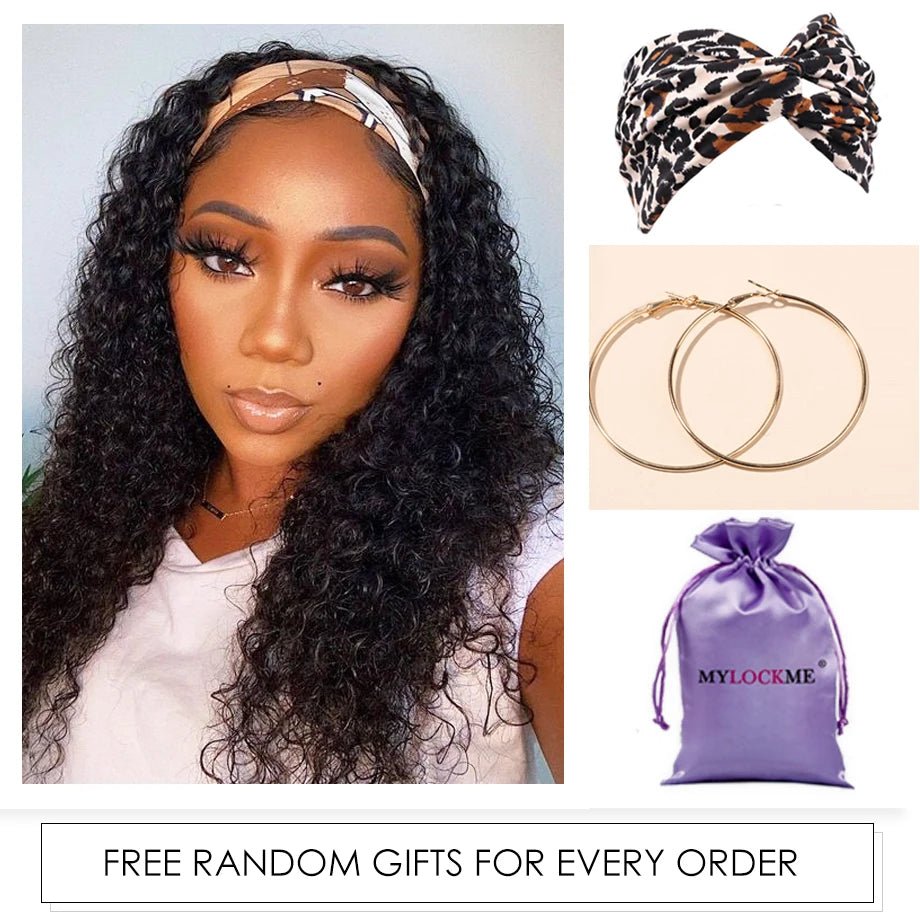 Headband Wig Human Hair Kinky Curly MYLOCKME No Glue Full Machine Made Brazilian Remy Human Hair Wigs For Women 180% Density - Kenner House Emporium