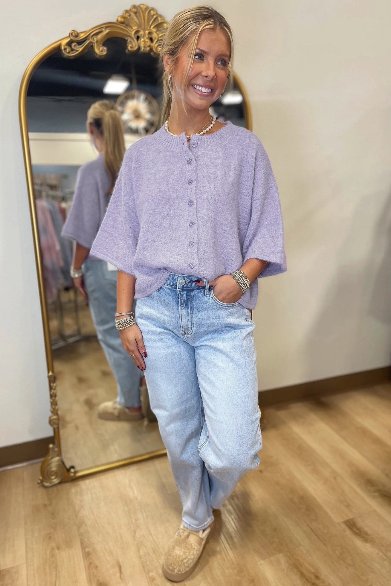 Lavendula 3/4 Sleeve Boxy Knit Button Down Sweater Cardigan - Kenner House Emporium