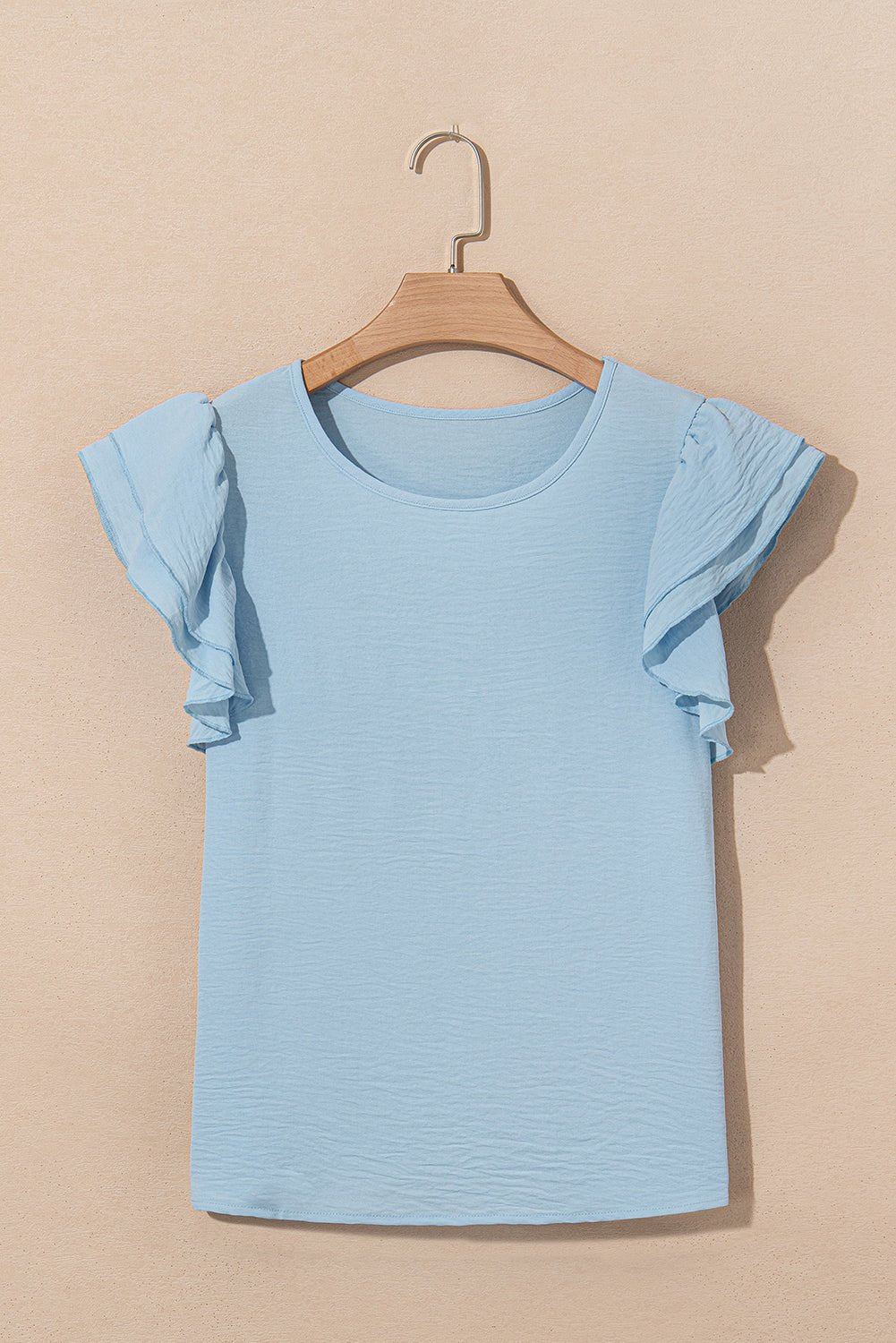 Mist Blue Solid Color Ruffle Sleeve Crinkled Blouse - Kenner House Emporium
