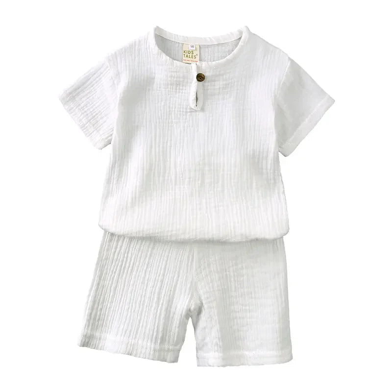 Cotton Linen Kids Clothes Girls Outfit Summer Boy Clothing Sets Solid Color Short Sleeve Tops Shorts Children Clothing 2 - 7 Years - Kenner House Emporium