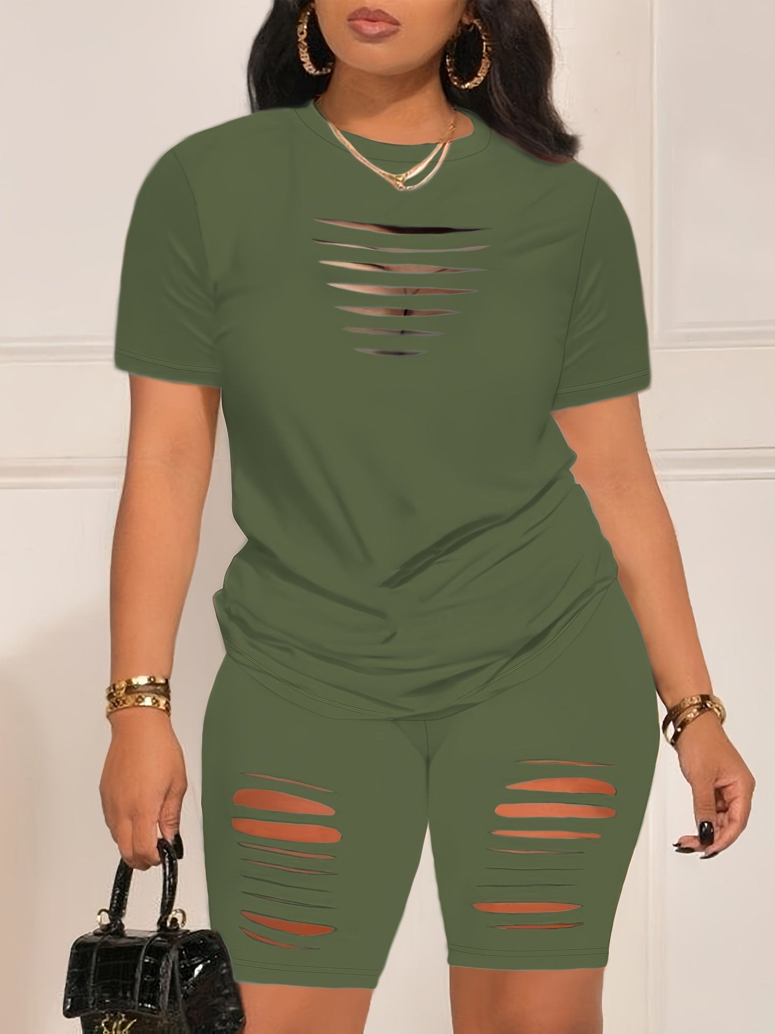 Summer Shorts Set - Pantsuits for Women, Crew Neck Short Sleeve Top & Shorts Outfits, Ripped Casual Clothing for Spring and Summer, Comfortable and Stylish Women's Clothing - Kenner House Emporium
