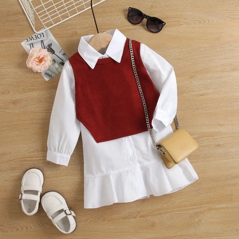 Children's Clothing sets 2 - 6 Years Long Sleeve Shirt Dress + Knitted Vest 2 Pcs Set European and American Fashion Kids Clothing - Kenner House Emporium