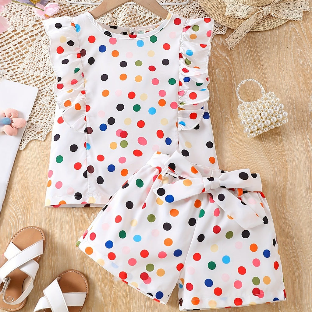 2pcs Dreamy Polka Dot Print Sleeveless Top + Shorts Set with Ruffle Trim and Bow Belt for Girls Summer Outfits - Kenner House Emporium