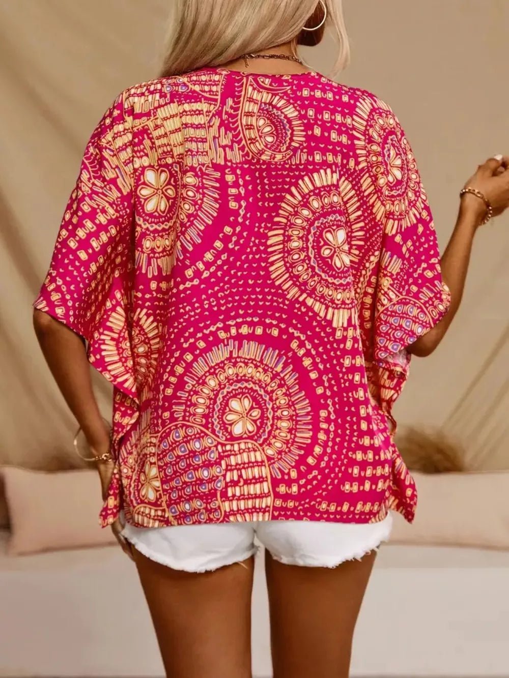 Printed V - Neck Half Sleeve Top - Kenner House Emporium