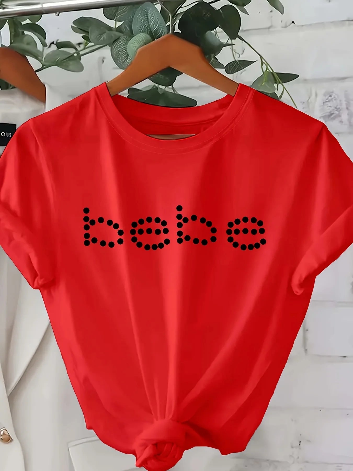 Bebe Letter Print T-Shirt Short Sleeve Crew Neck Casual Top for Summer & Spring Women'S Clothing - Kenner House Emporium