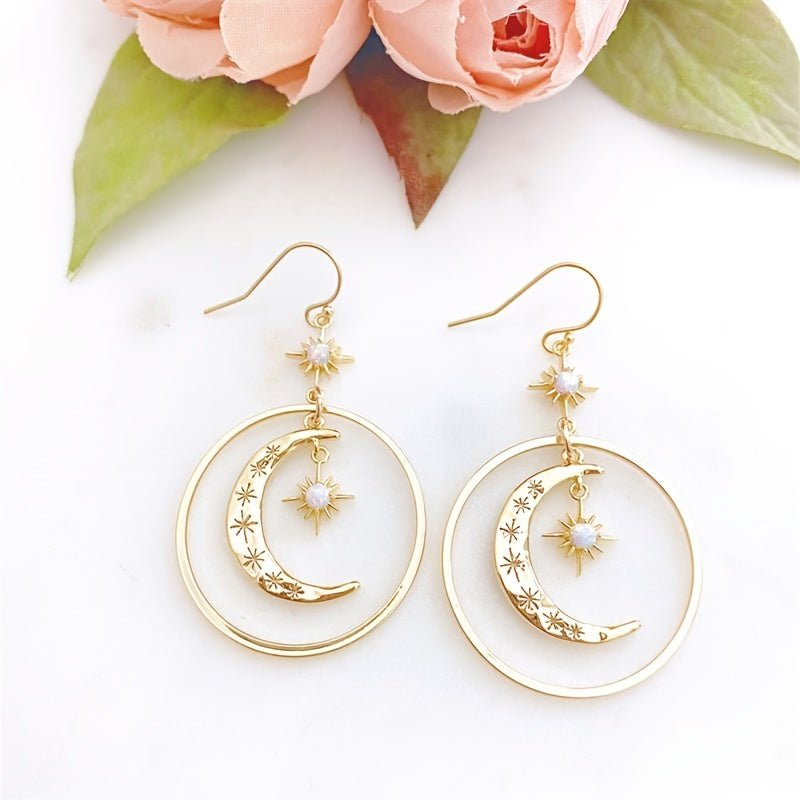 Elegant Boho - Chic Golden - Tone Moonstone Dangle Earrings for Women - Crescent Moon with Star Motifs, Zinc Alloy, Perfect for Daily Wear & Parties, Moon Earrings - Kenner House Emporium