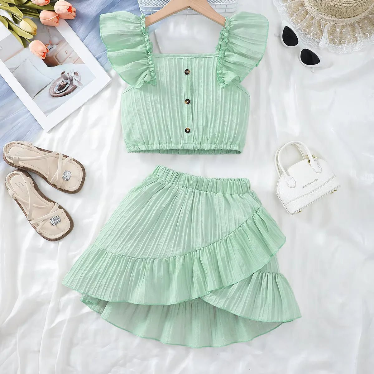 Kid Girls Summer Princess Clothing Set Flutter Sleeve Plain Color Tops+Short Skirt Sweet Style Party Wear For Child 8 - 12 Years - Kenner House Emporium