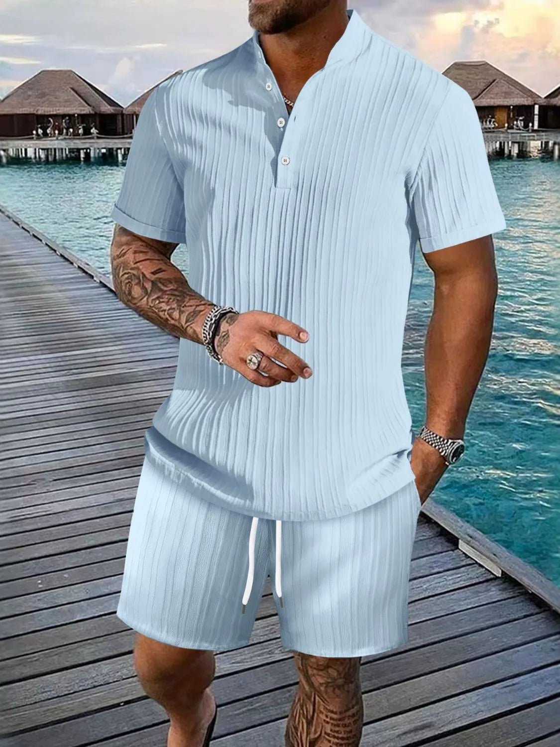 Men's Full Size Button Detail Short Sleeve Top and Shorts Set Plus Size - Kenner House Emporium