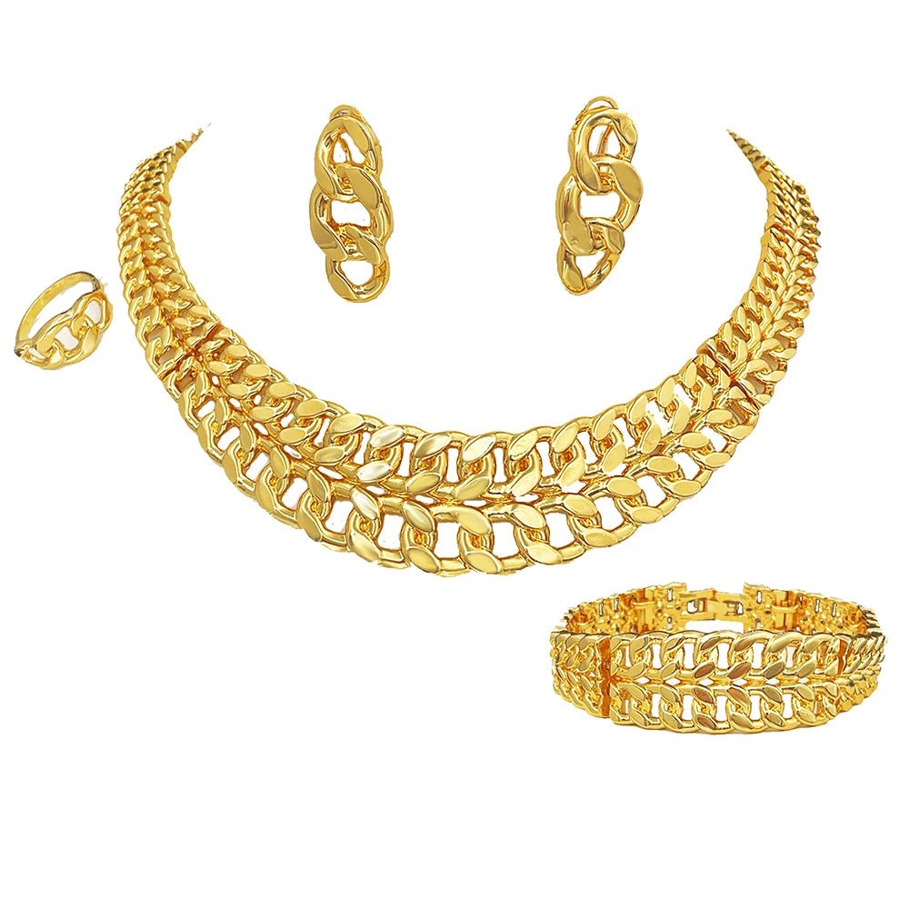 Luxury Dubai Nigeria Gold Color Women Jewelry Set Classic Design 18K Gold Plated Cuban Chain Earring Necklace Ring Bracelet Part - Kenner House Emporium