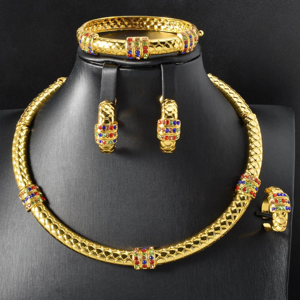 Luxury 18k Gold - Plated Women's Jewelry 4 - Piece Round Necklace Bracelet Earrings Ring Gold Classic Dubai Wedding Gift - Kenner House Emporium