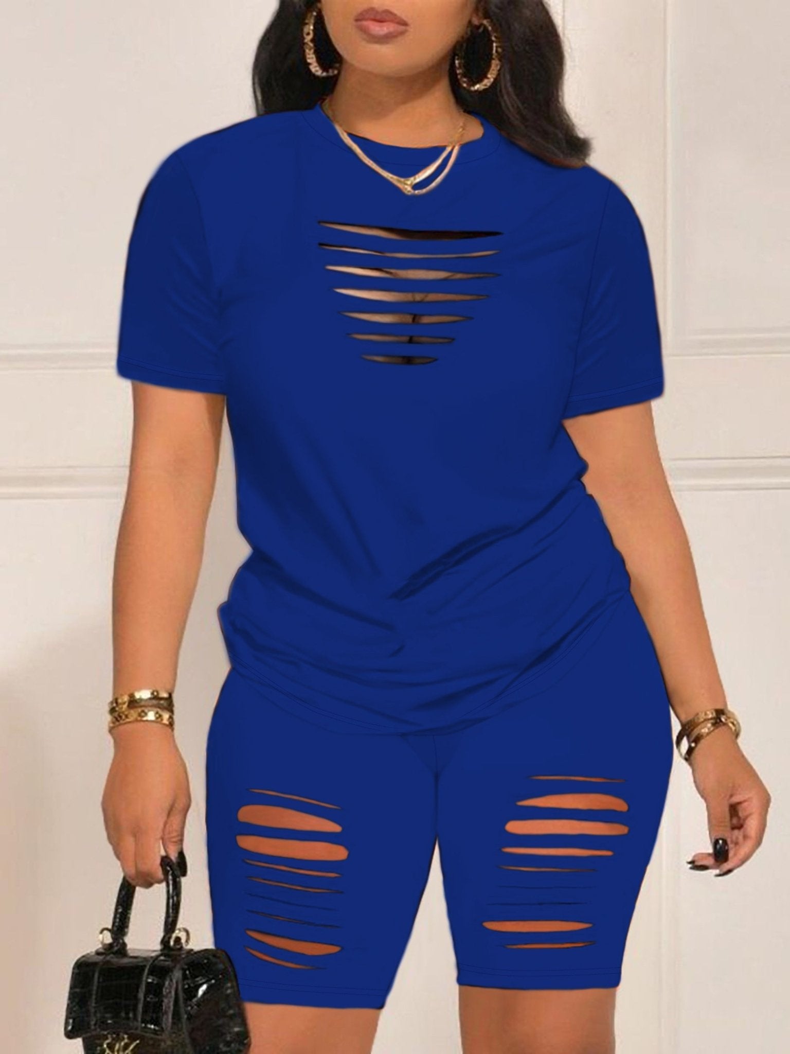 Summer Shorts Set - Pantsuits for Women, Crew Neck Short Sleeve Top & Shorts Outfits, Ripped Casual Clothing for Spring and Summer, Comfortable and Stylish Women's Clothing - Kenner House Emporium