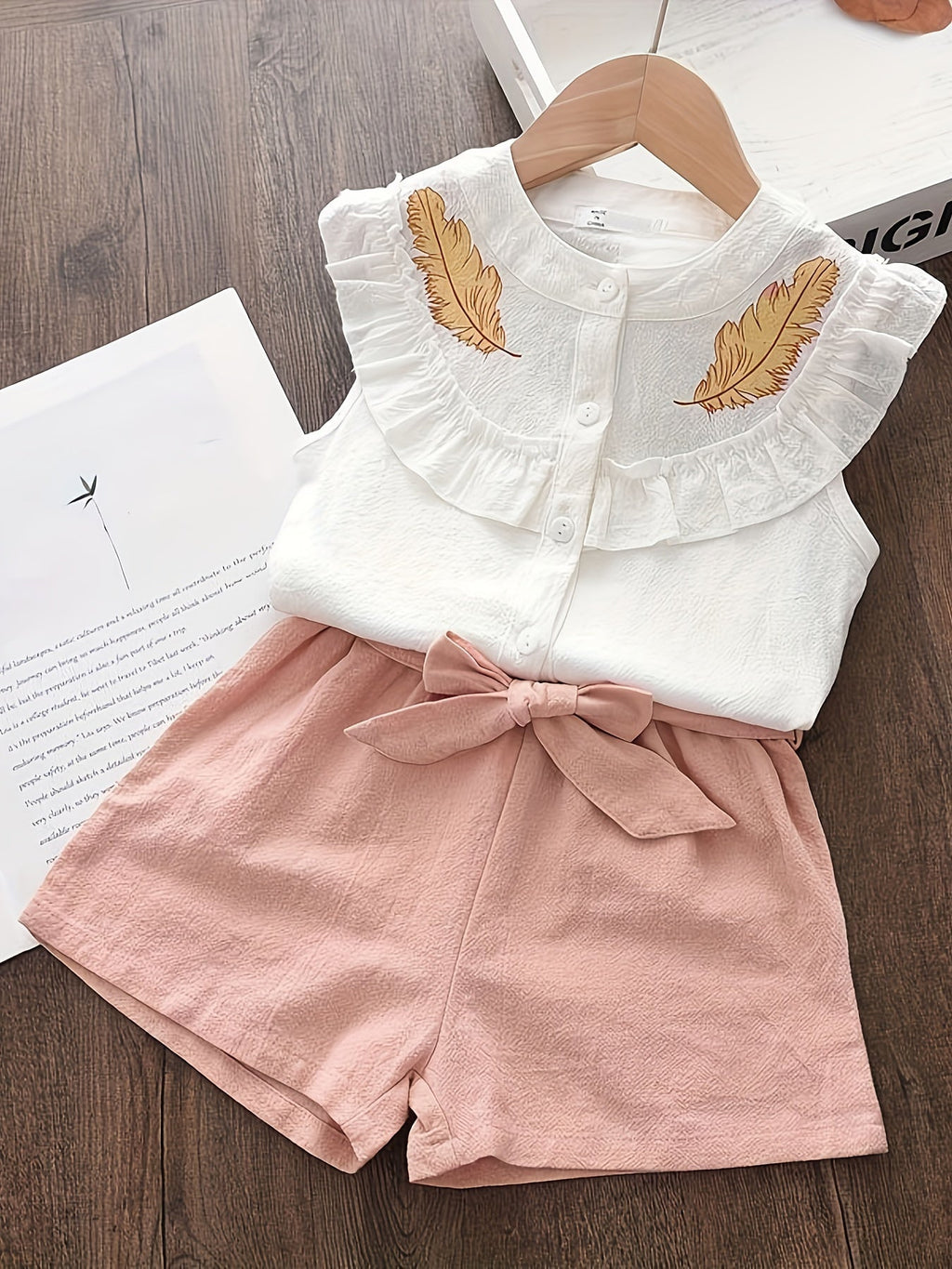 2pcs 100% Cotton Elegant Girls Outfits: Sleeveless Ruffle Trim Shirt Pullover + Shorts Set with Bow Belt for Summer Outdoor - Kenner House Emporium