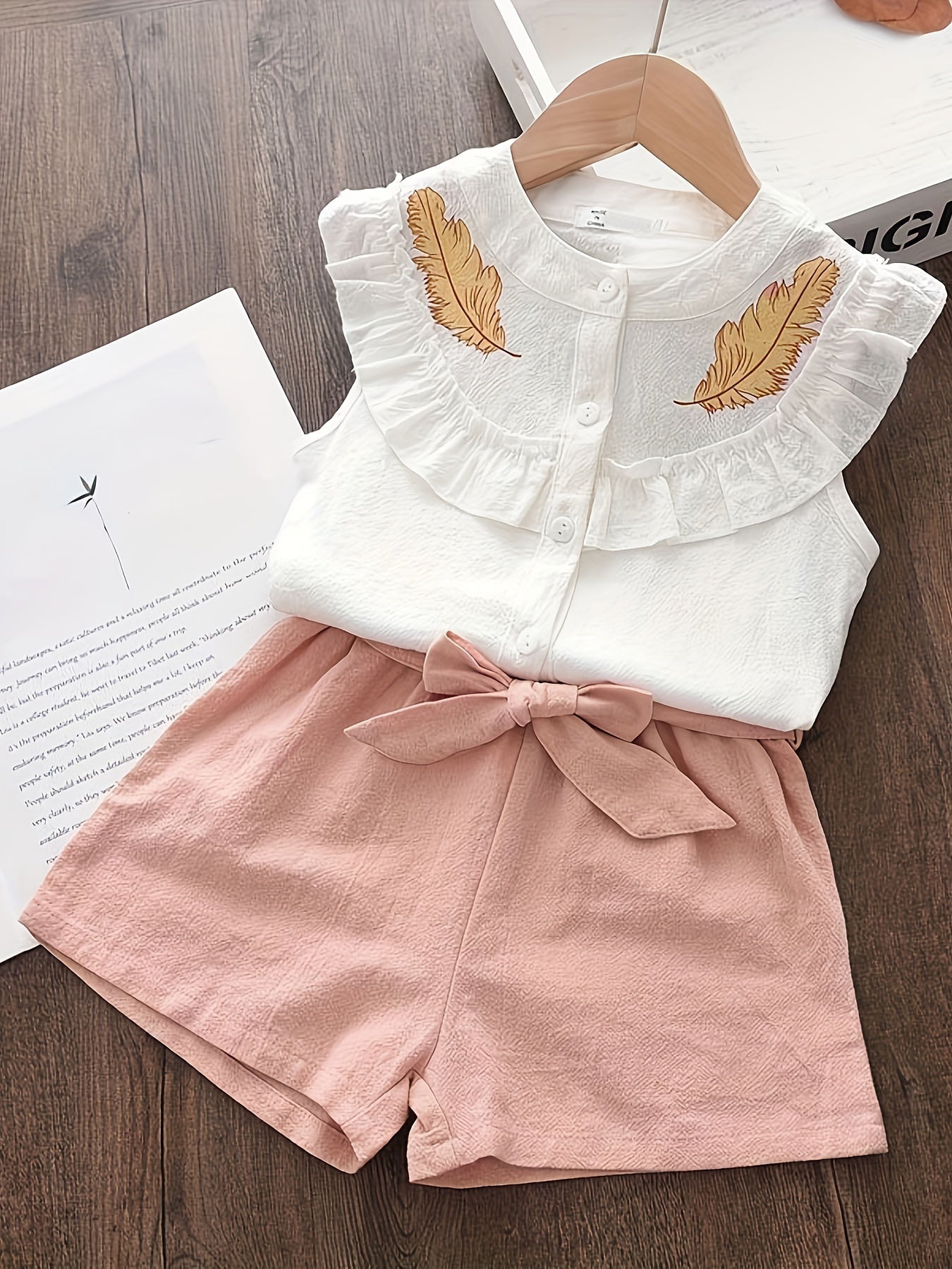 2pcs 100% Cotton Elegant Girls Outfits: Sleeveless Ruffle Trim Shirt Pullover + Shorts Set with Bow Belt for Summer Outdoor - Kenner House Emporium