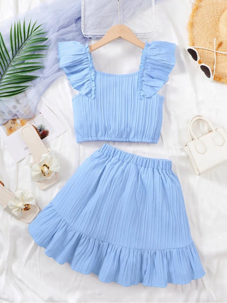Kid Girls Summer Princess Clothing Set Flutter Sleeve Plain Color Tops+Short Skirt Sweet Style Party Wear For Child 8 - 12 Years - Kenner House Emporium