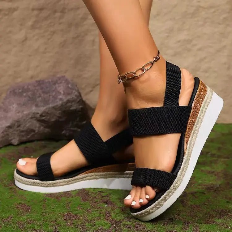 Women's Sandals Wedge Platform Shoes Open Toe Solid Color Beach Shoes Hot Sale Non - slip Sandals Slip on Elastic Fabric Sandals - Kenner House Emporium