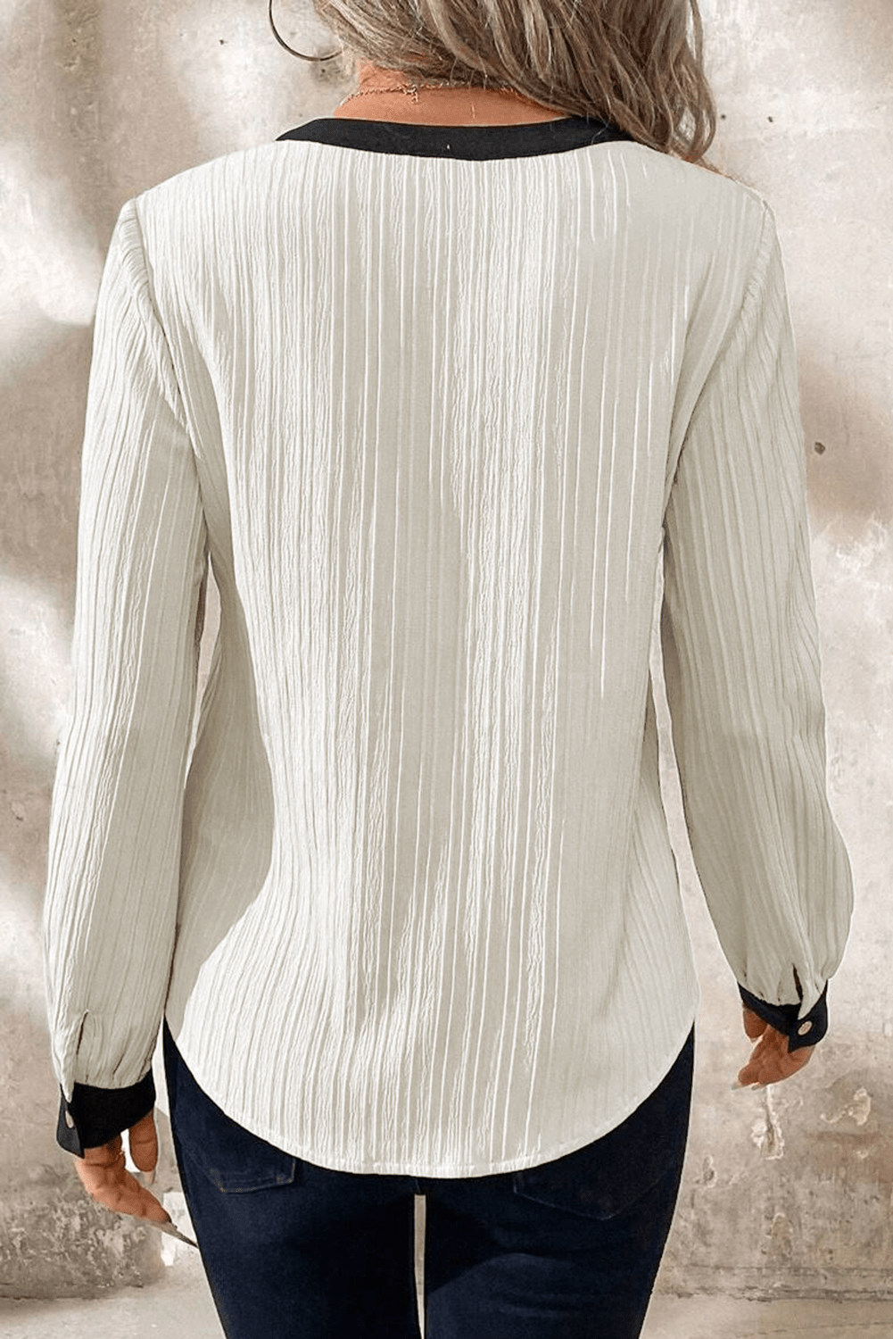 White Colorblock Edge Long Sleeve V Neck Textured Blouse - Kenner House Emporium