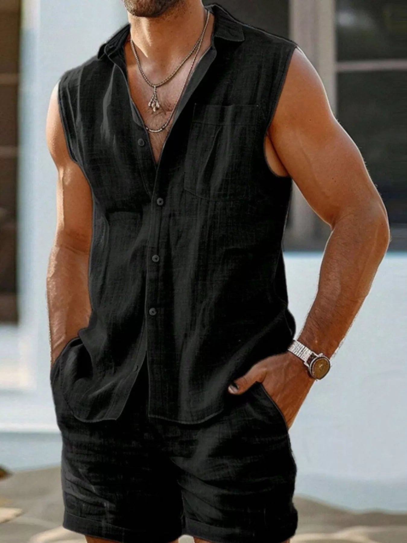Men's Plus Size Casual Button Up Vest & Shorts Set - Kenner House Emporium