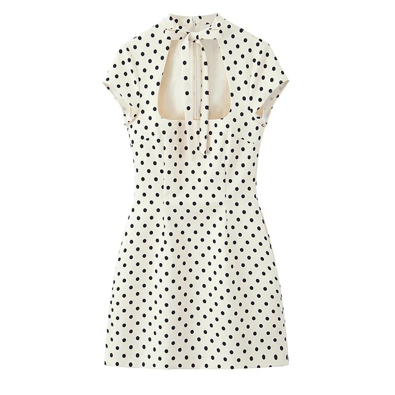 YENKYE New 2026 Women Bow Tie Short Sleeve Polka Dot Dress Sexy Pencil Mini Vestidos - Kenner House Emporium