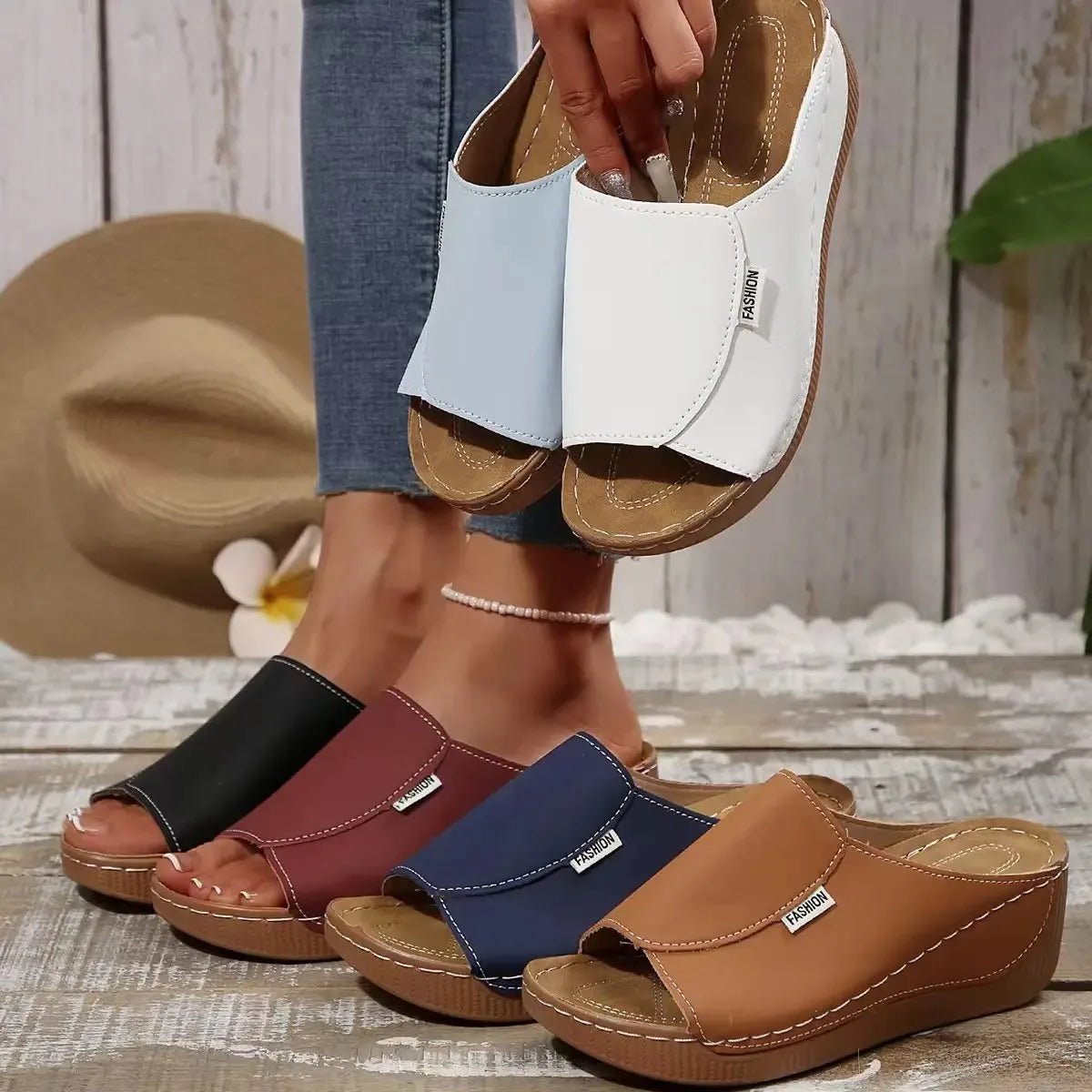 Ladies wear wedge heel sandals, solid color open toe thick soled shoes, summer comfortable slippers, ventilated and easy to wear - Kenner House Emporium