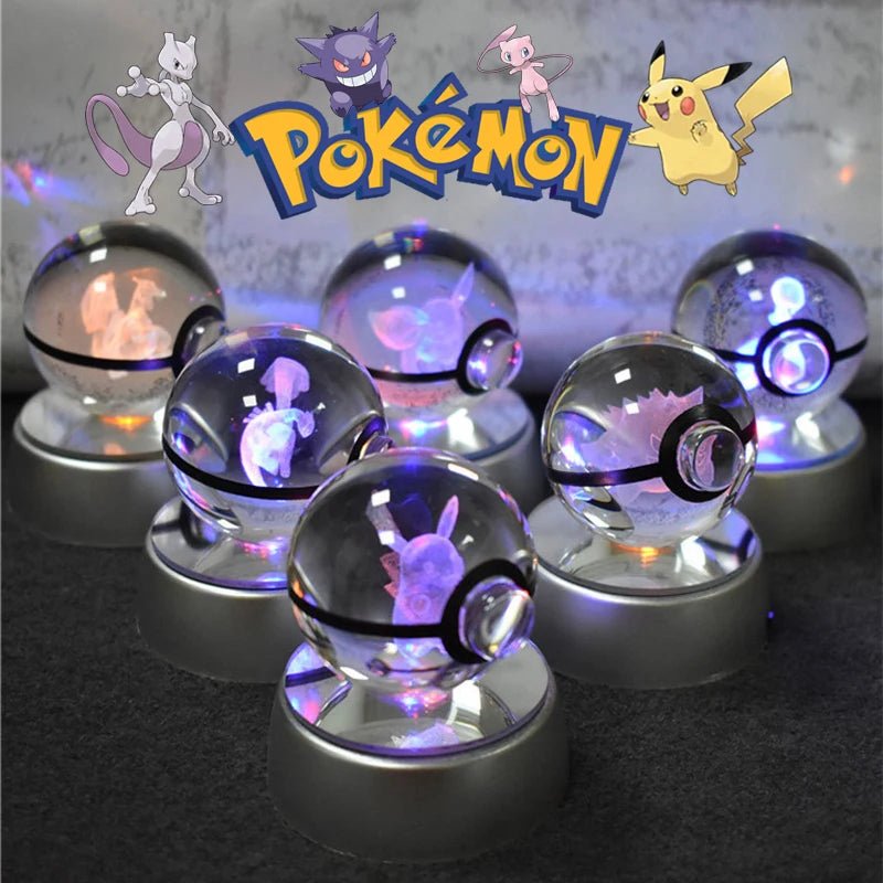 Pokemon Crystal Ball 3D Pikachu Gengar Mewtwo Night Light Lamp Pokeball 3D Glass Pokemon Crystal Ball Statue Kids Birthday Gift - Kenner House Emporium