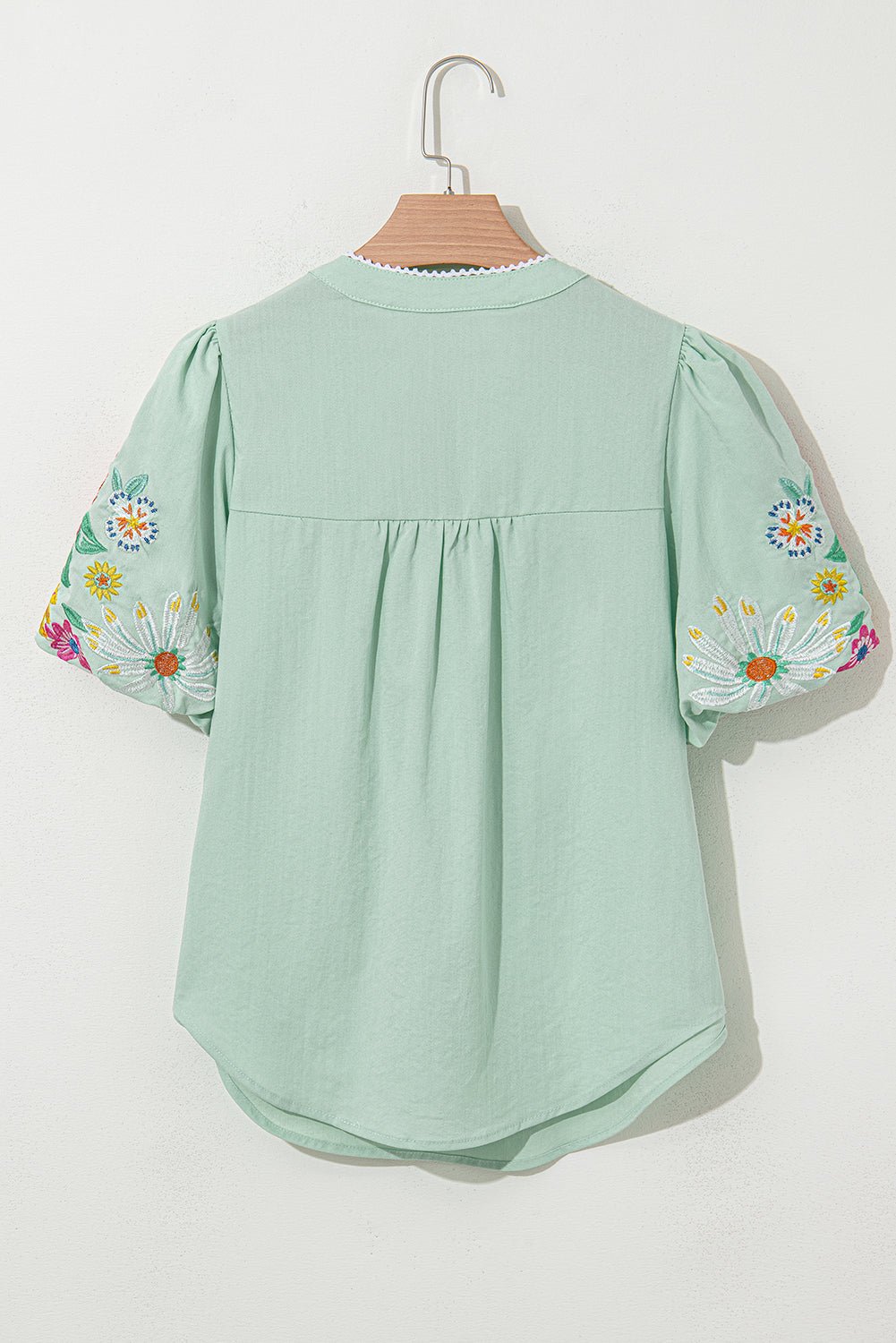 Clearly Aqua Floral Embroidered Puff Sleeve Split Neck Blouse - Kenner House Emporium