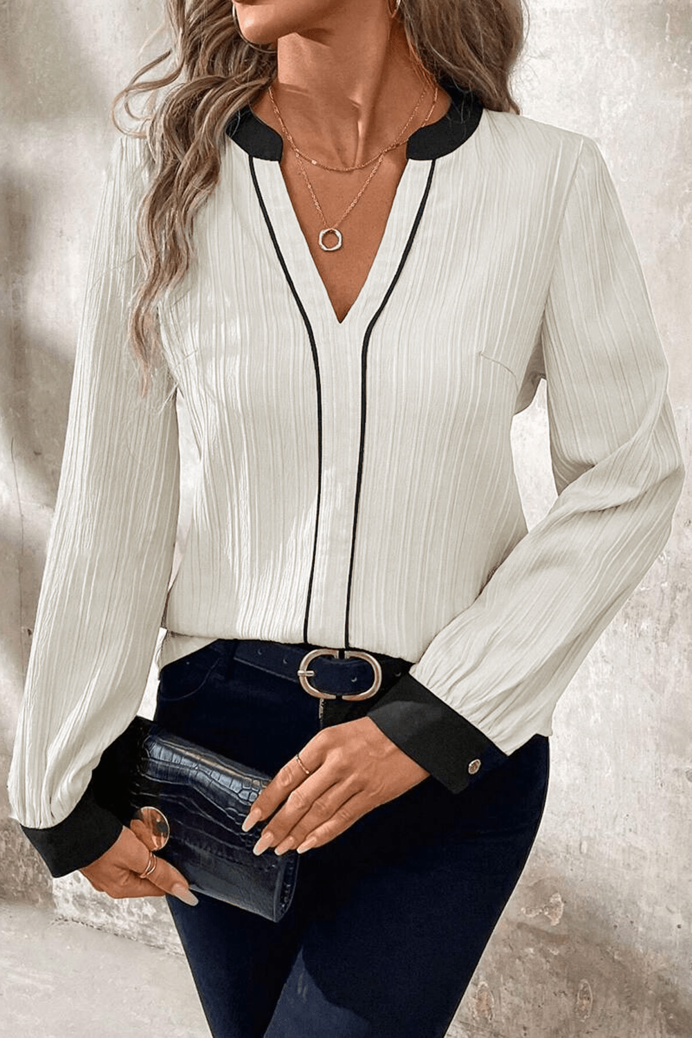 White Colorblock Edge Long Sleeve V Neck Textured Blouse - Kenner House Emporium