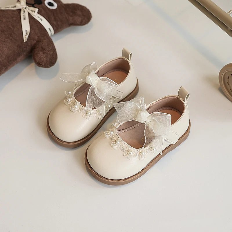 Baby Girls Leather Shoes for Wedding Party Princess Kids Flat Mary Janes Lace Bowtie with Beading 2025 Spring Children Flats New - Kenner House Emporium