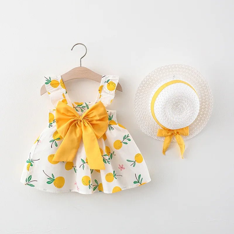 2Pcs/SetSummer girls dress children's clothing new small suspender bow orange print vest skirt with hat as a gift - Kenner House Emporium