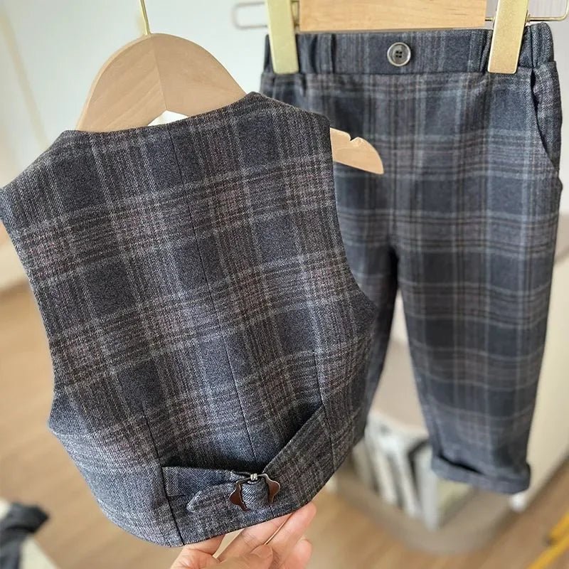 Child Spring Autumn Plaid Luxury Suit Set Boys Birthday Performance Photo Wedding Party Costume Kids Tuxedo Vest Pants Clothes - Kenner House Emporium