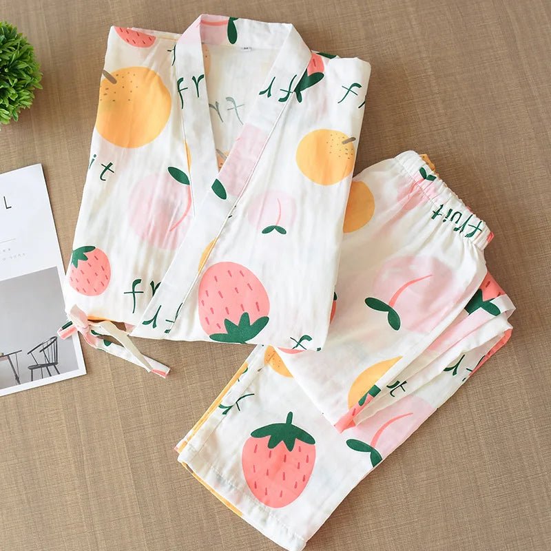 2023 Japanese - style kimono pajamas set seven - sleeve female spring and autumn 100% cotton gauze home clothes cute sweet 2 - piece - Kenner House Emporium