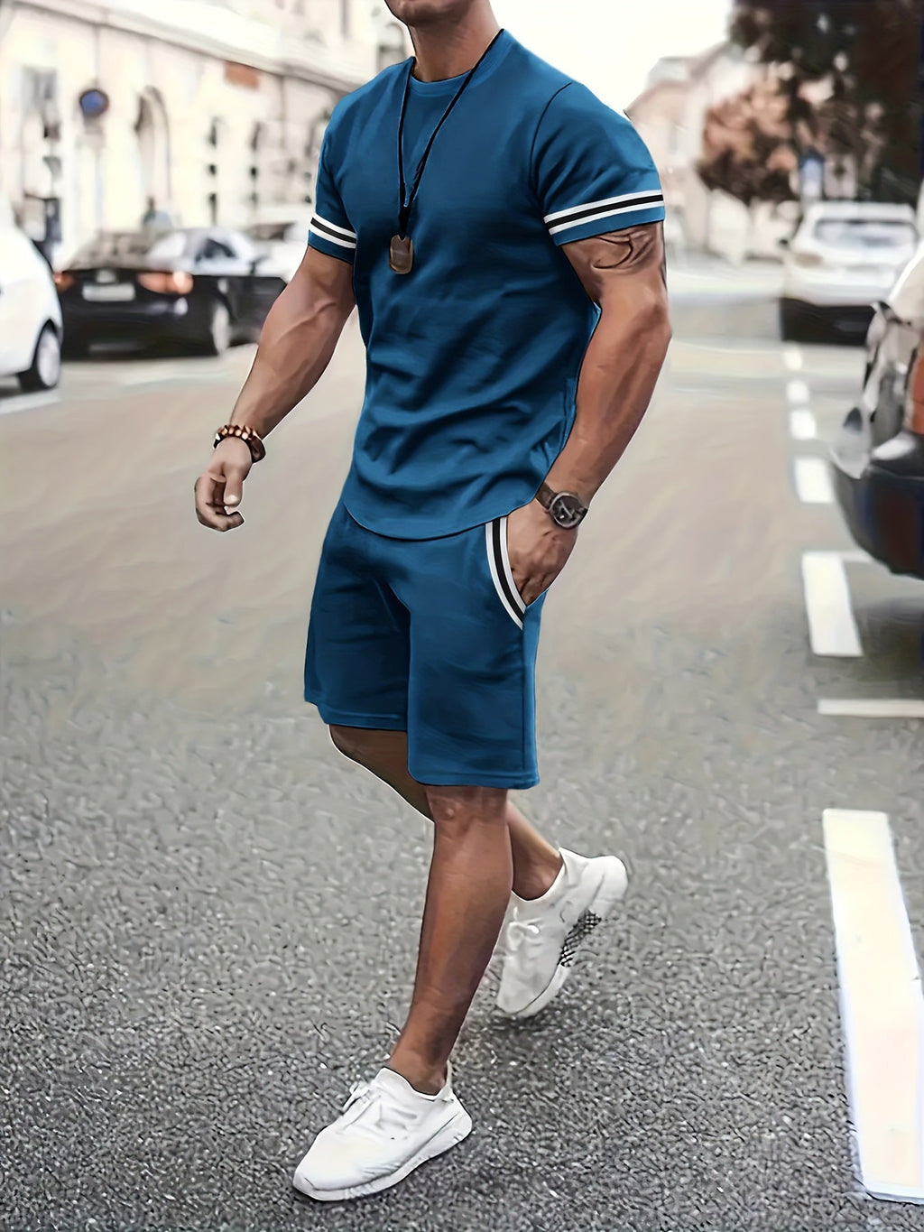 Men's Short Sleeve T-shirt & Drawstring Shorts 2pcs Casual Sports Regular Tee Top Pants Suit Outfits For Spring Summer, As Gifts - Kenner House Emporium