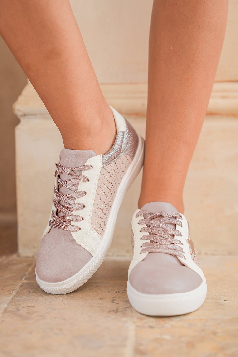 Gold Glitter Star Patchwork PU Leather Lace - up Sneakers - Kenner House Emporium